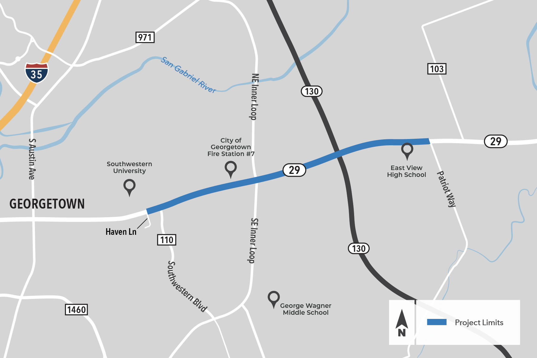 Hwy 29 East project map showing the roadway from Haven Lane to SH 130.