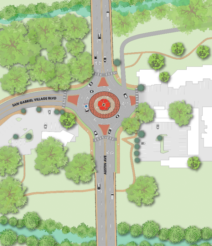 roundabout design at intersection of S. Austin Avenue and San Gabriel Village Boulevard